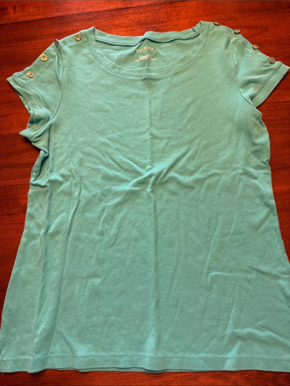 Talbots Aqua Green Short Sleeve Button-Shoulder Tee size L